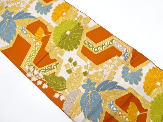 JAPANESE KIMONO / ANTIQUE FUKURO OBI / WOVEN KIKU & PAULOWNIA